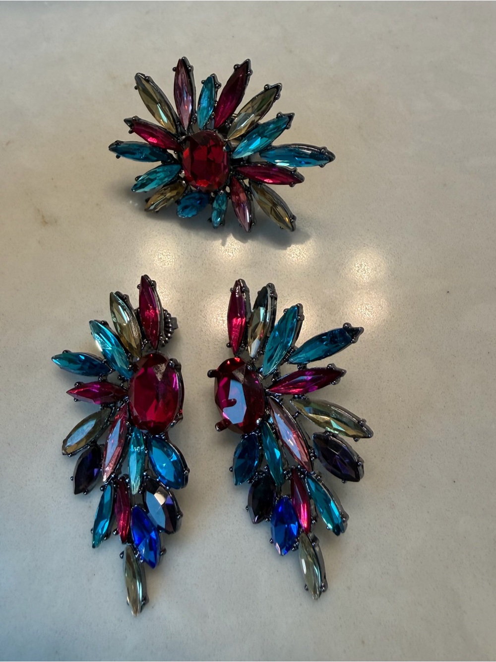 Multicolor Crystal Floral Statement Earrings and Ring Set